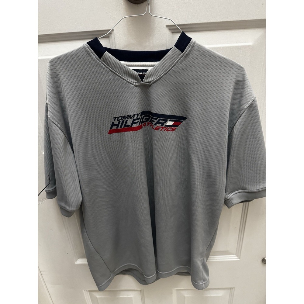 Vintage Tommy Hilfiger Athletics Jersey Shirt Mens XL Gray Mesh 85 V Neck Y2K